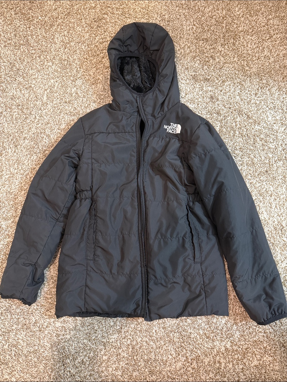The North Face Kids / Girls Black Hooded Sherpa-Lined Puffer Reversible Jacket